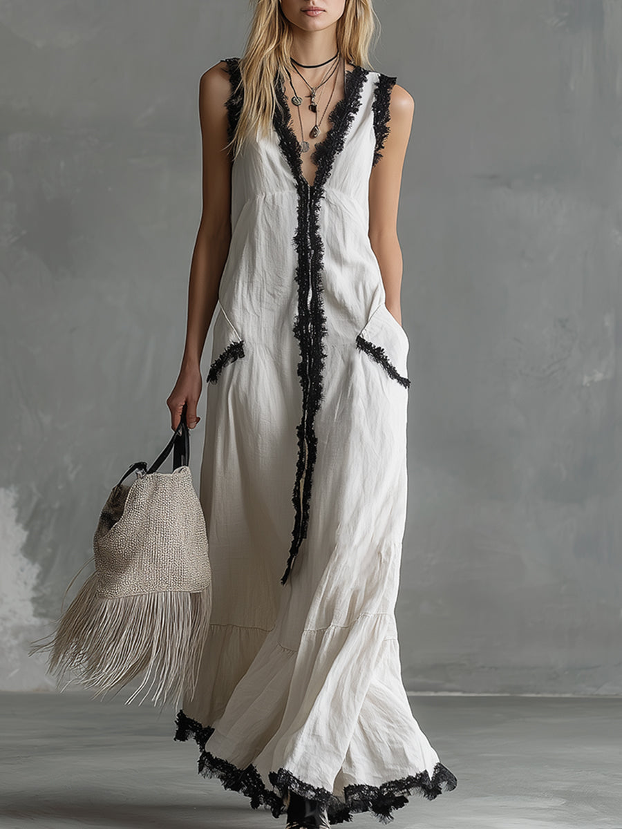 Elegant Urban Style Lace-trimmed White Cotton And Linen Sleeveless Maxi Dress