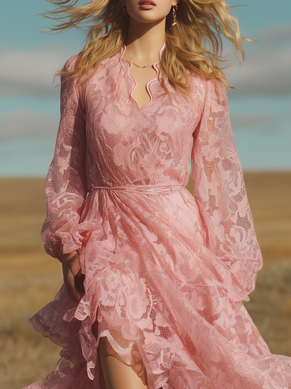 Romantic Bohemian V-neck Irregular Hem Pink Lace Maxi Dress
