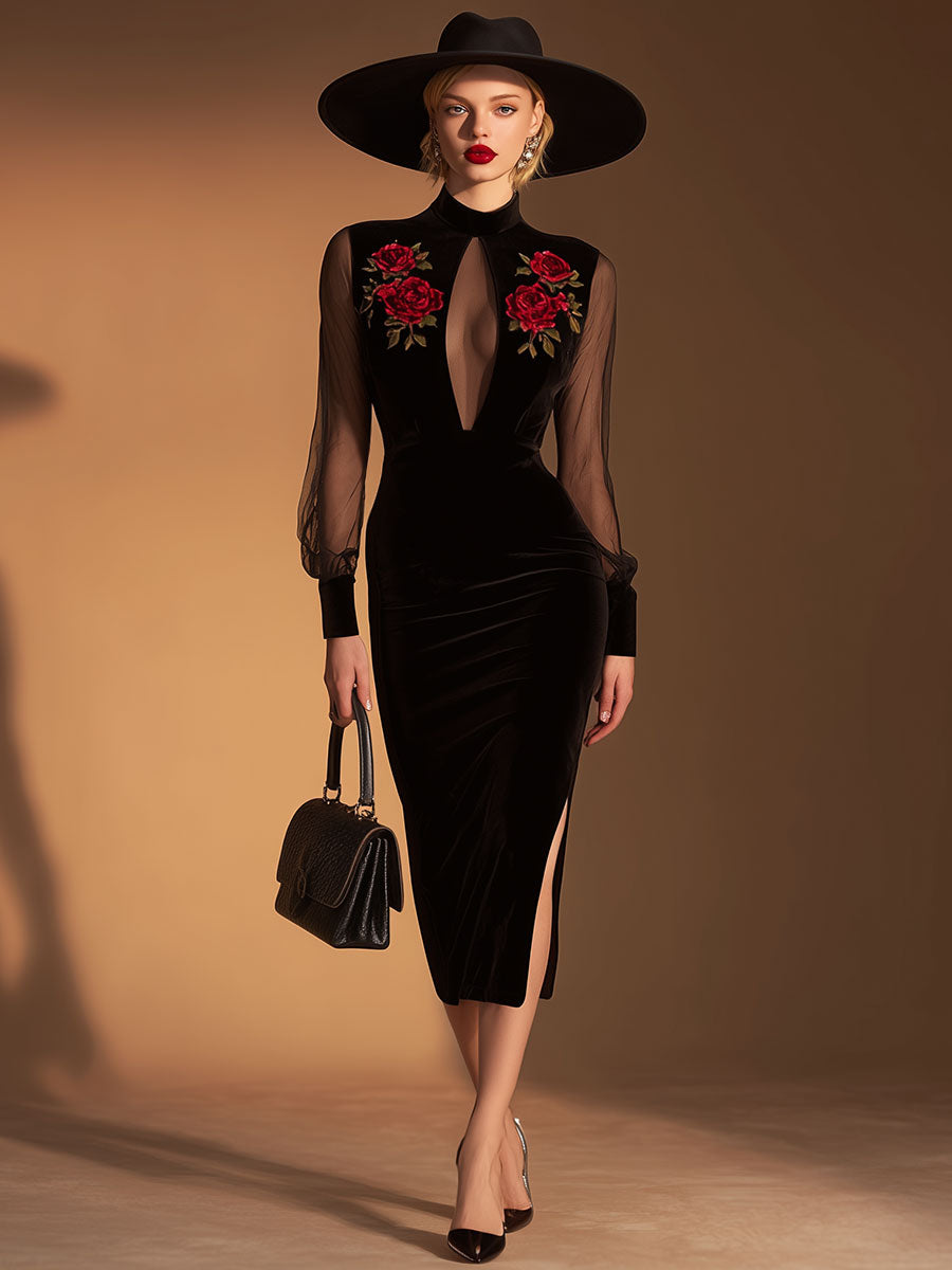 Elegant And Sexy Black Mesh And Velvet Midi Dress