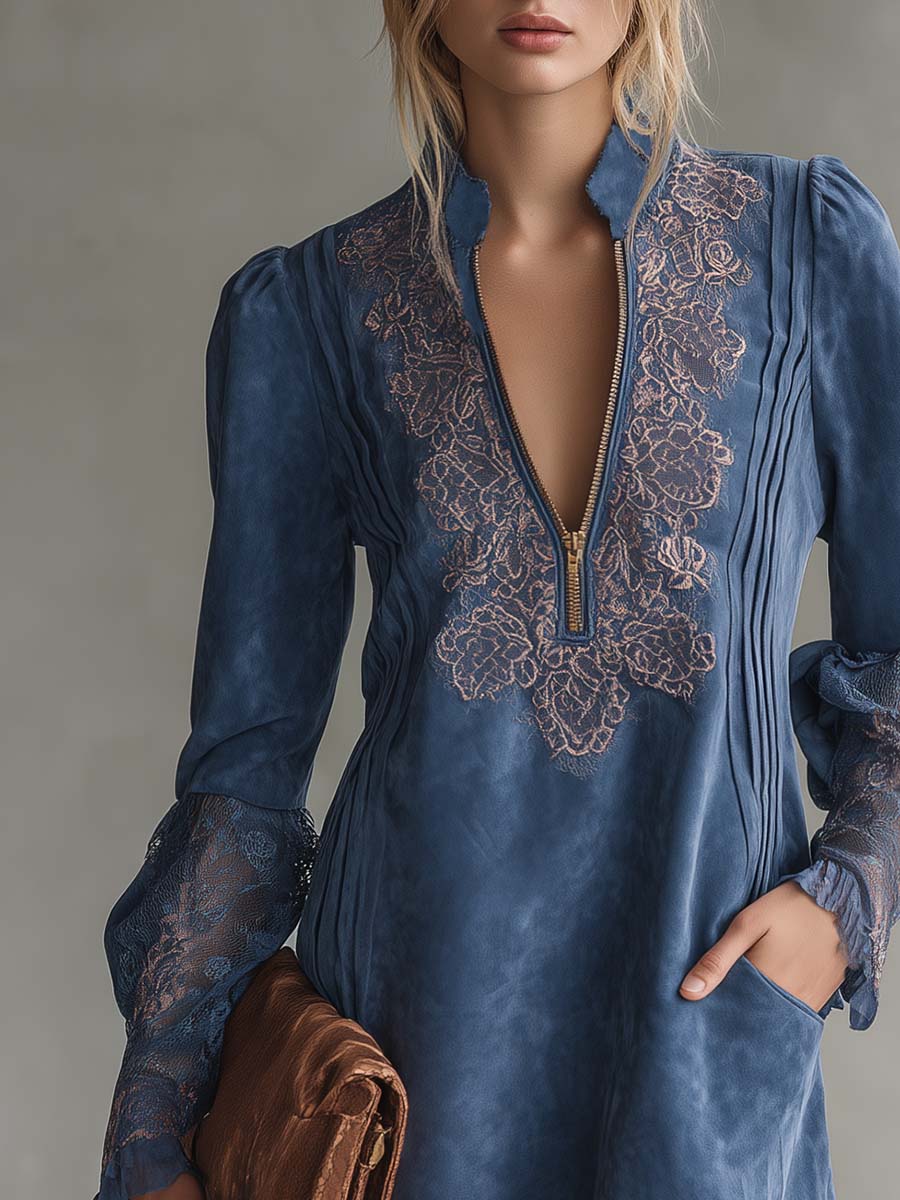 Vintage Exquisite Western Embroidered V-neck Front Zip Ruffled Hem Blue Suede Mini Dress