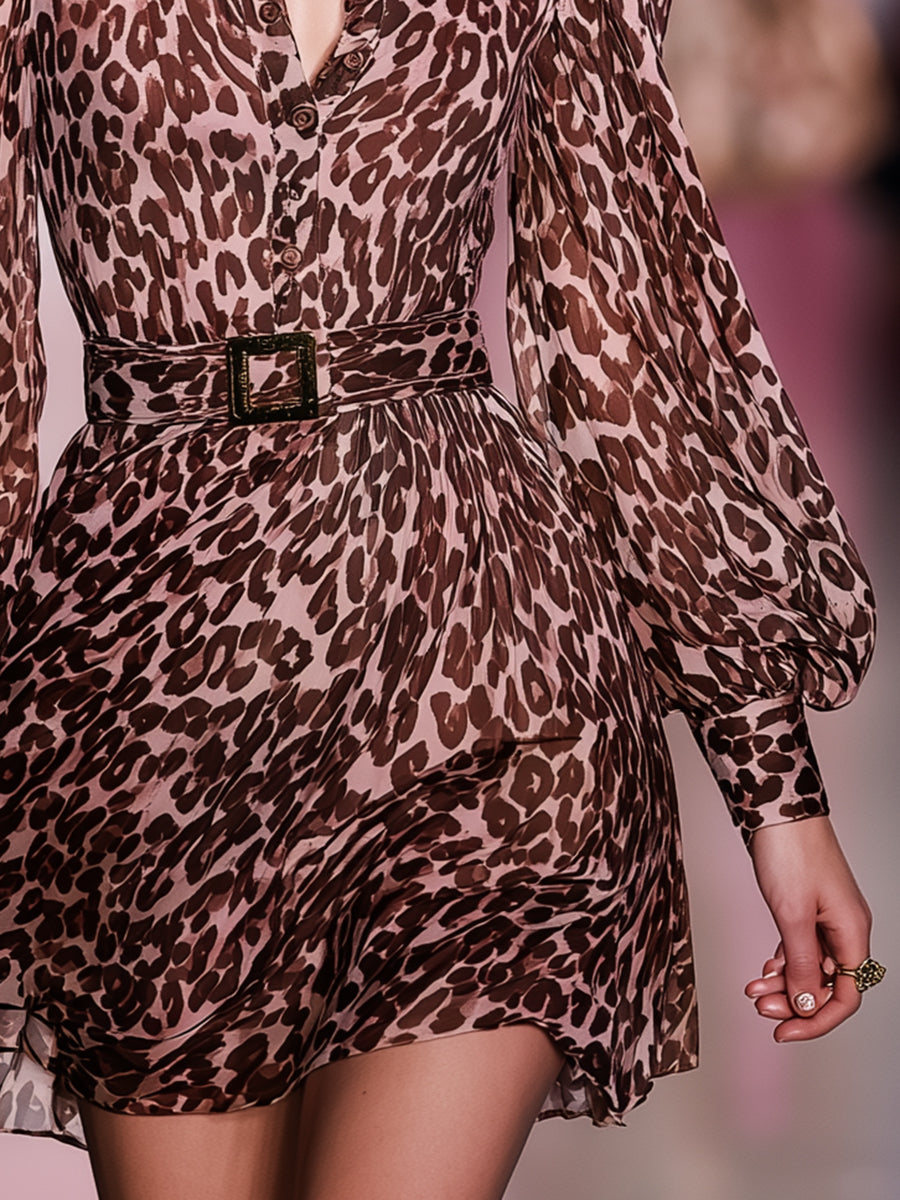 Casual Retro-style Brown Leopard Print Pink Chiffon Mini Dress