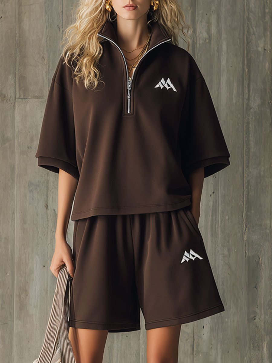 Sporty Retro Embroidered Dark Brown Short-Sleeve Sweatshirt And Shorts Set
