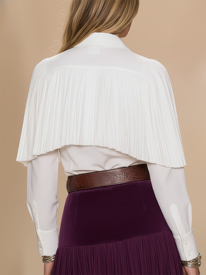 Stylish And Sophisticated Pleated Shawl Collar White Shirt