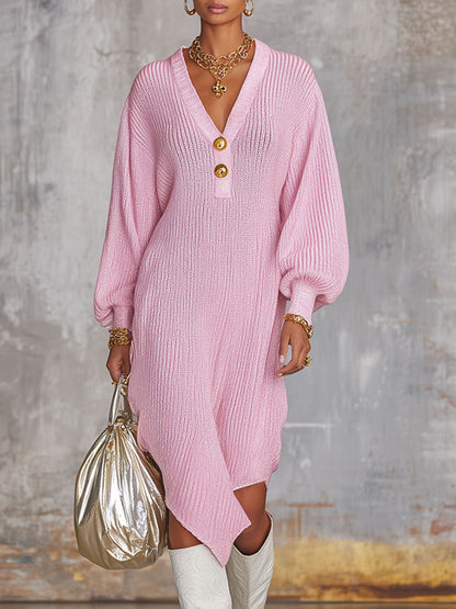 Pink V-neck Button-up Irregular Knit Long-sleeved Midi Dress