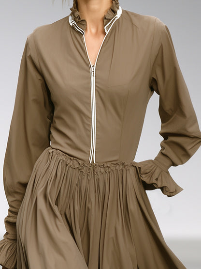 Brown Zippered White Ribbon Ruffled Maxi Dress