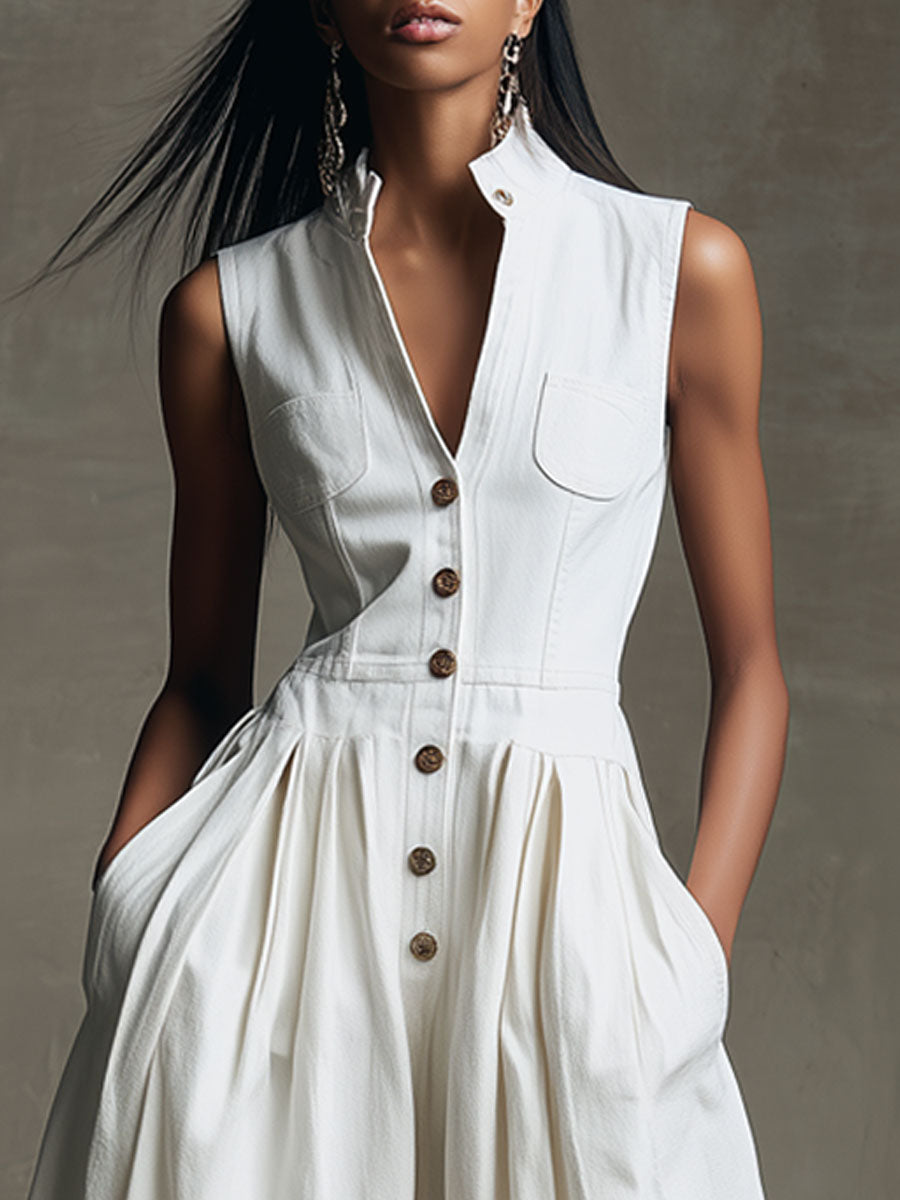 Casual Retro White Denim Sleeveless A-line Midi Dress