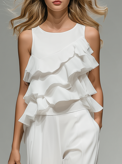Elegant And Stylish Sleeveless Round Neck Ruffled Top And Wide-leg Trousers Set