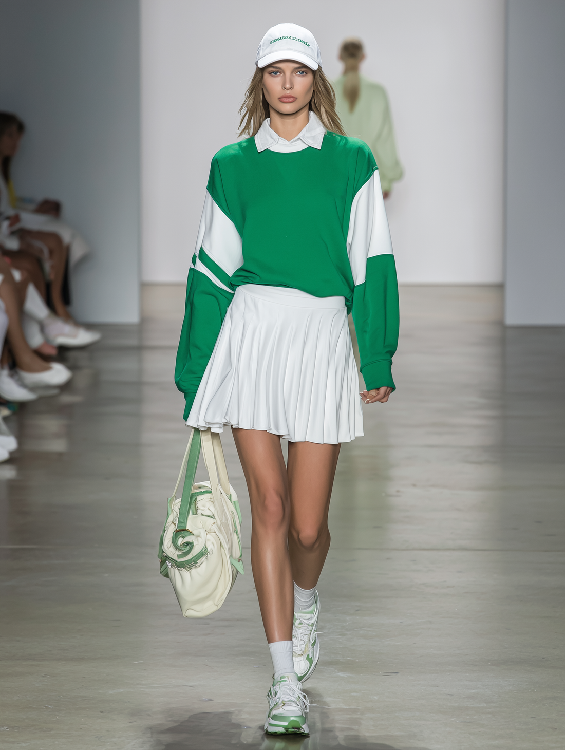 Stylish Green And White Color-blocked Sweatshirt And Pleated Skirt Set