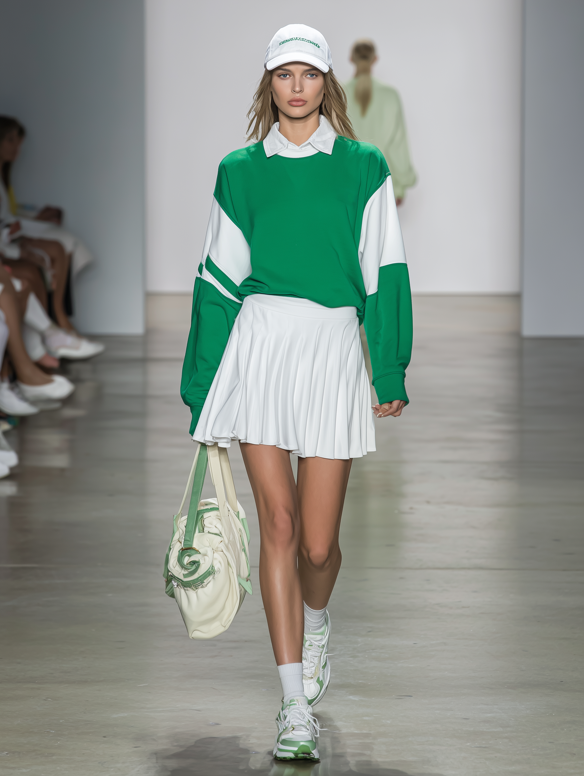Stylish Green And White Color-blocked Sweatshirt And Pleated Skirt Set