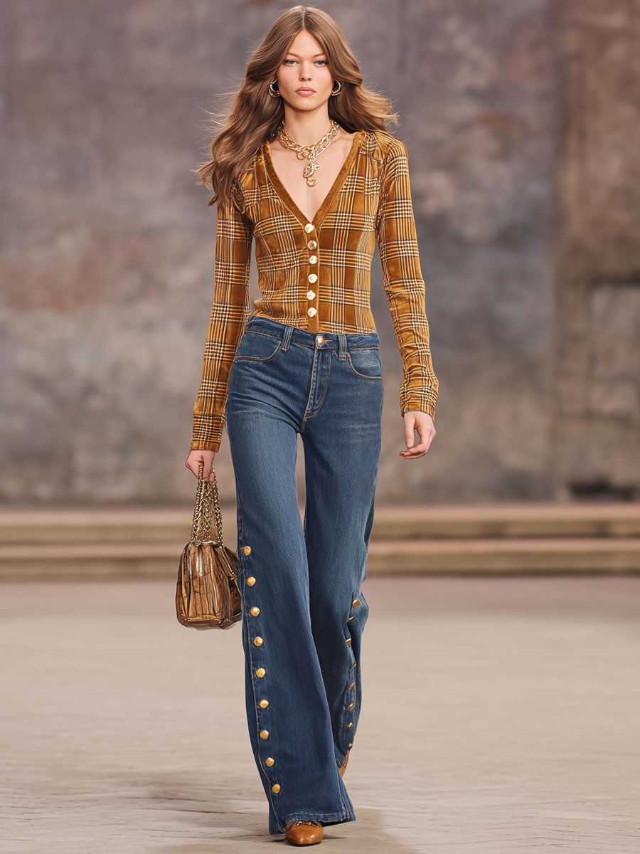 Retro Plaid Print Velvet V-neck Button-down Long-sleeved Shirt