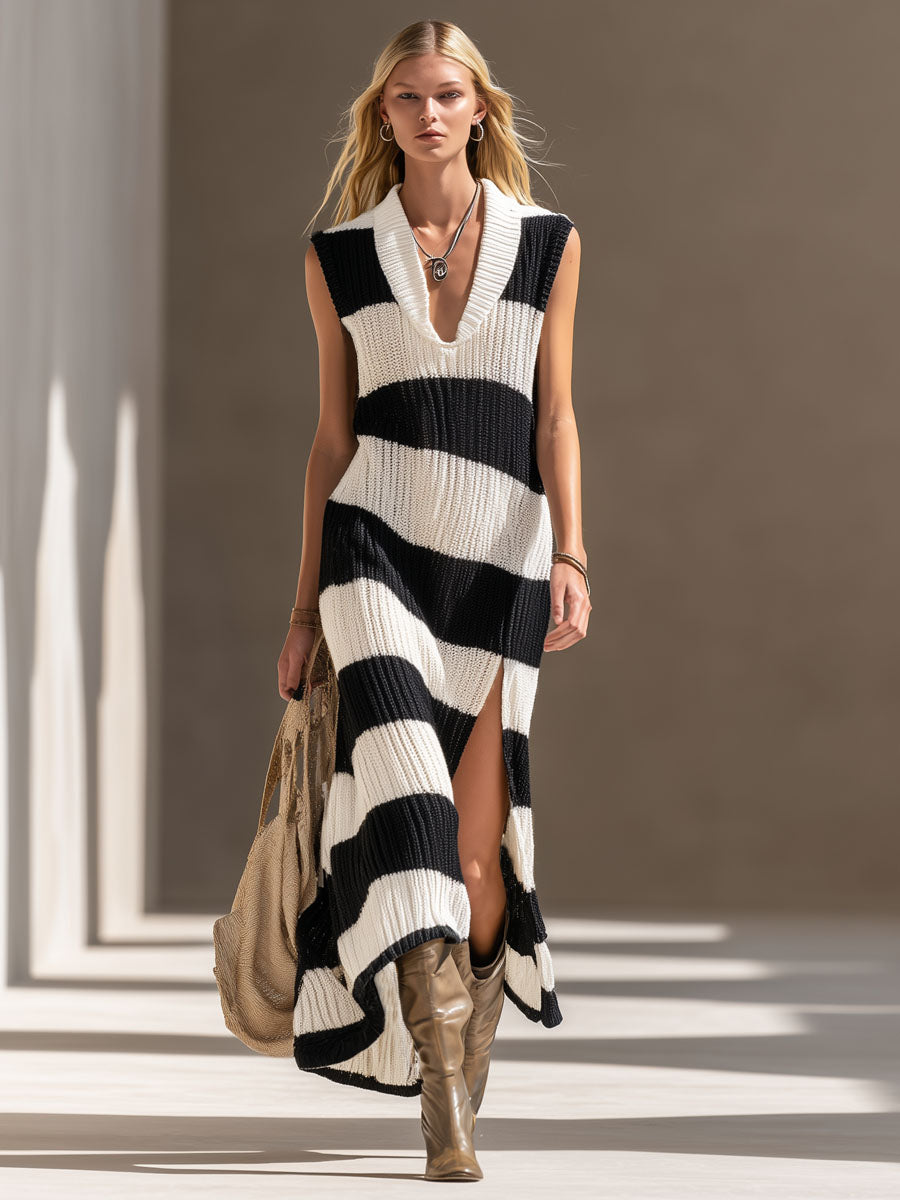 V-neck Black And White Striped Slit Knit Sleeveless Maxi Dress
