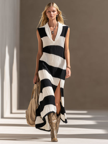 V-neck Black And White Striped Slit Knit Sleeveless Maxi Dress