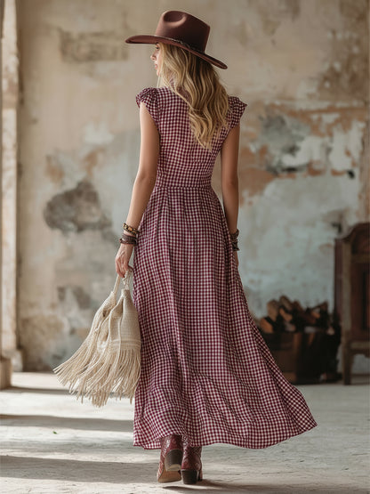 Stylish Western-style Red Checkered Lapel Sleeveless Maxi Dress