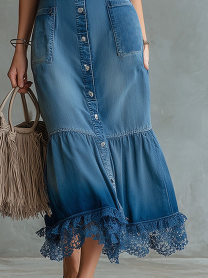 Elegant Urban Style Lace-trimmed Blue Denim Button-down Sleeveless Maxi Dress