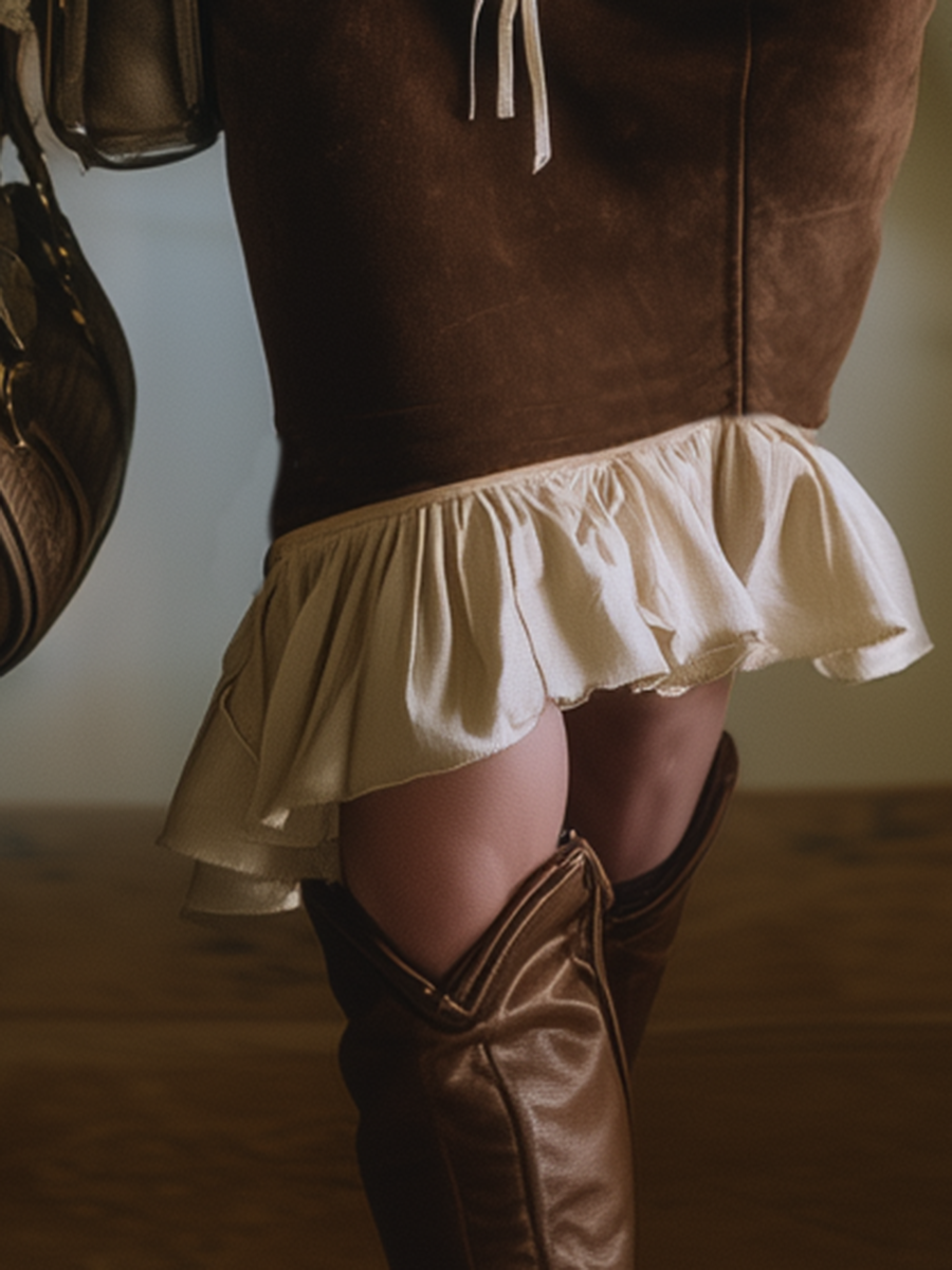 Retro Western Style Brown Faux Suede White Ruffle Skirt