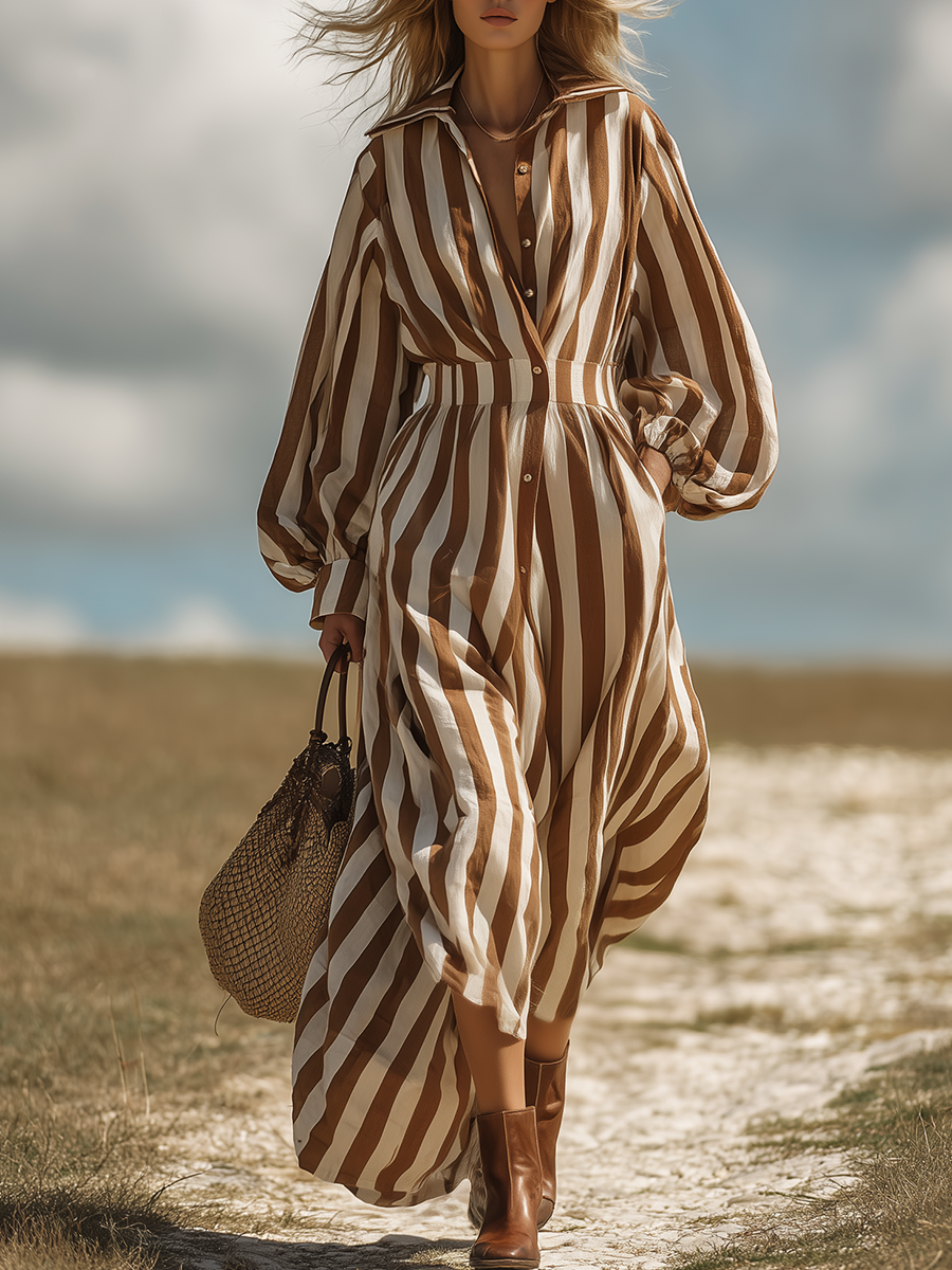 Retro Western Style Striped Collared Shirt Long Dress