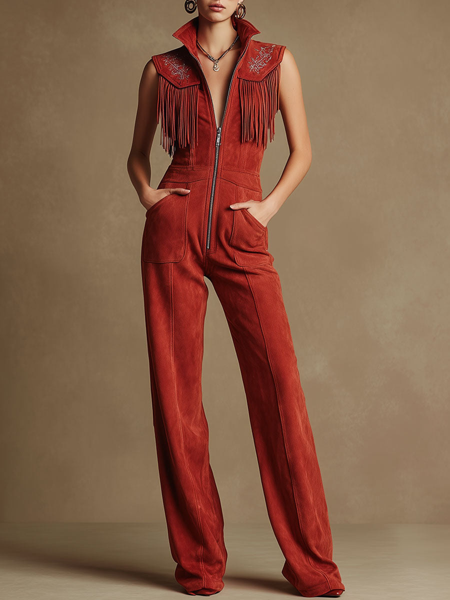 Western-style Retro Embroidered Tassel Red Faux Suede Sleeveless Jumpsuit