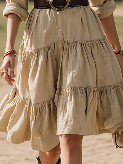 Western-style Loose-fitting Khaki Cotton-linen Blend Button-down Midi Dress