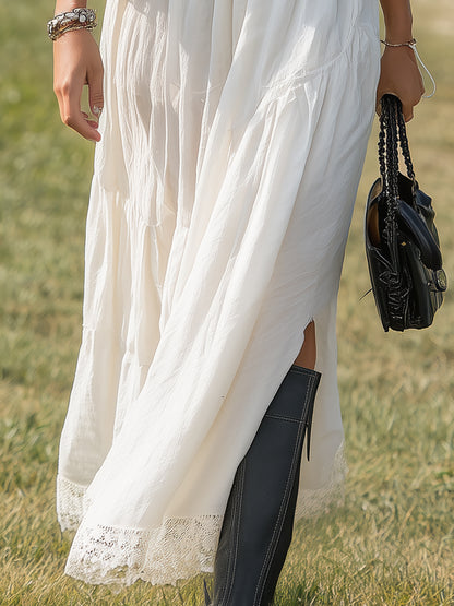 Western-style White Cotton And Linen Blend With Lace Inserts And A Side Slit Maxi Dress