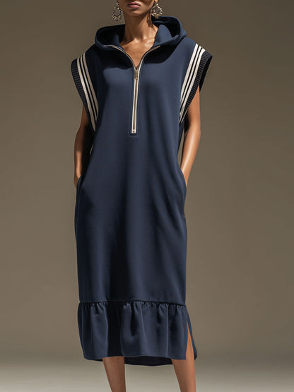 Sporty Retro Hooded Striped Ruffled Navy Blue Cotton Sleeveless Midi Dress