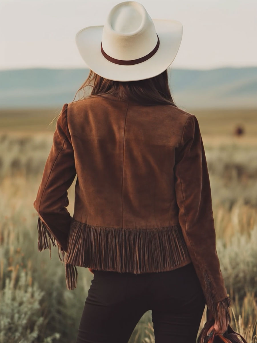 Western-style Brown Suede Tassel Zip-up Jacket