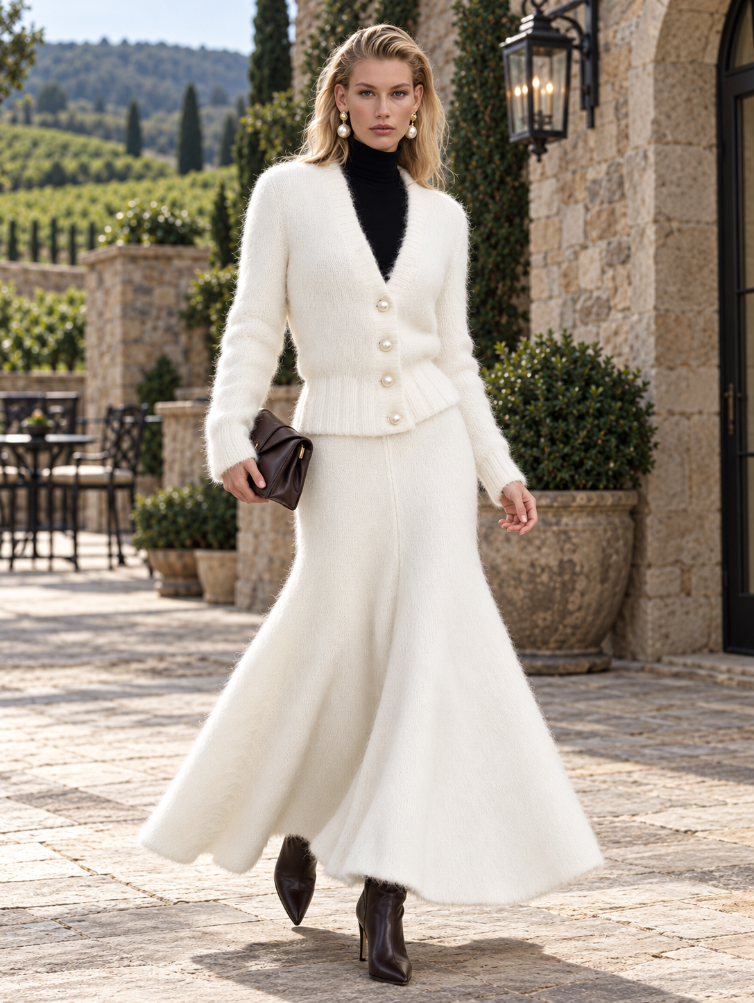 Elegant Ivory Fuzzy Knit V-Neck Cardigan And Fishtail Maxi Skirt Set