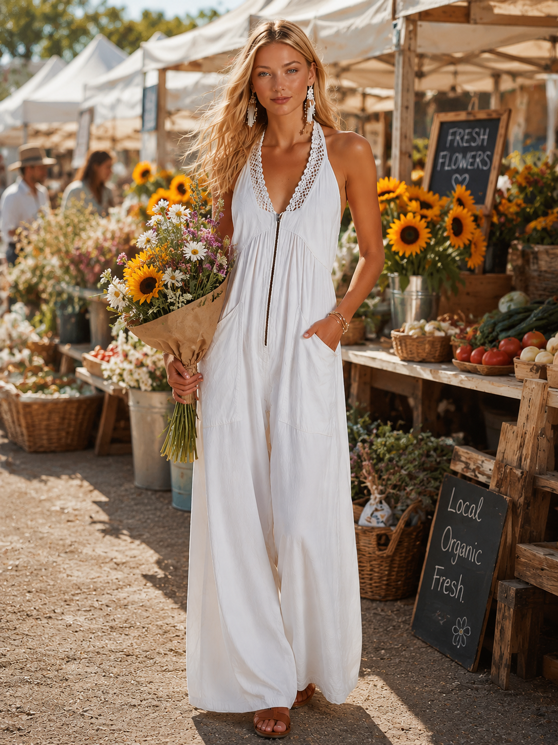 Retro Casual Lace-Trimmed White Cotton Jumpsuit