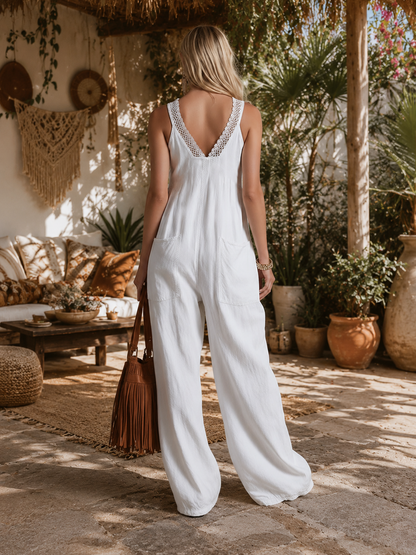Retro Casual Lace-Trimmed White Cotton Jumpsuit