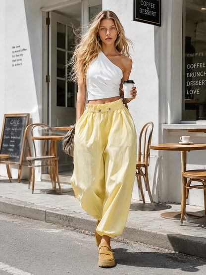 Casual Fashion White Cotton-Linen One-Shoulder Top And Light Yellow Pants Set