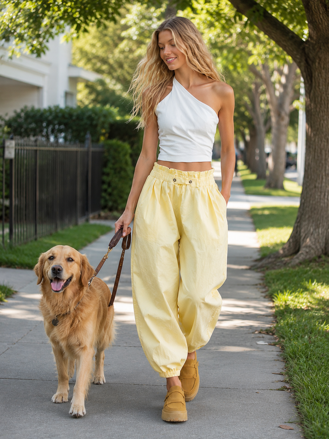 Casual Fashion White Cotton-Linen One-Shoulder Top And Light Yellow Pants Set