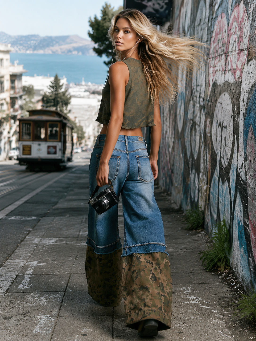 Casual Fashion Olive Green Camouflage Sleeveless Cropped T-shirt