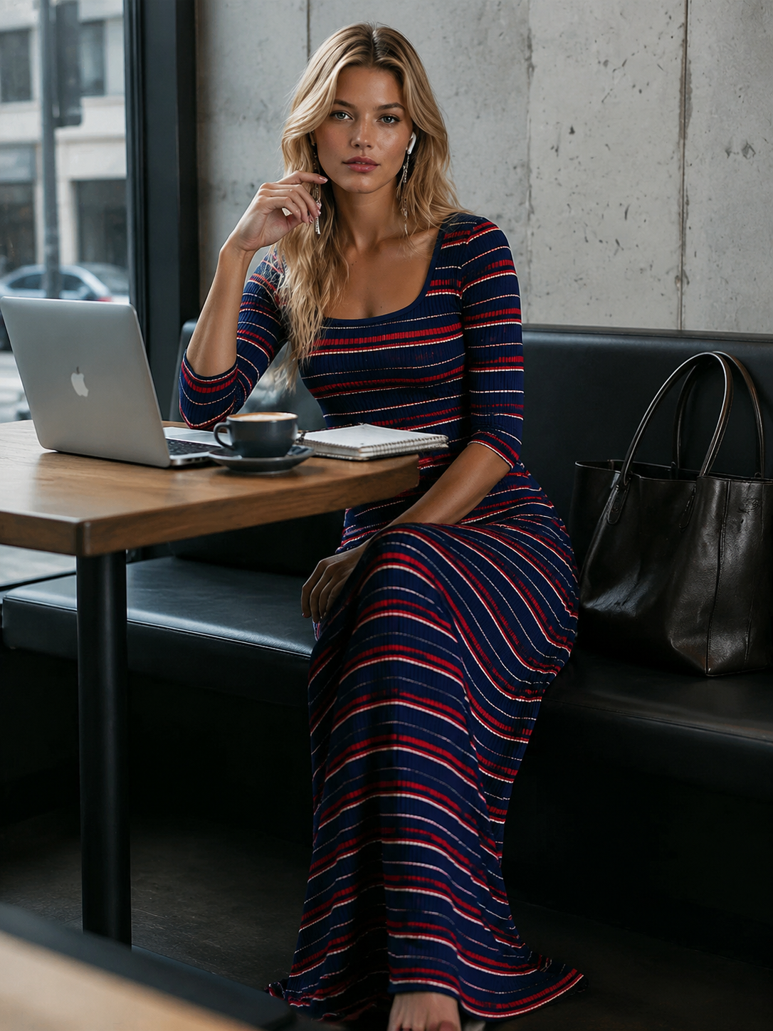 Retro Lazy Comfortable Square Neck Three-quarter Sleeves Striped Knit Maxi Dress