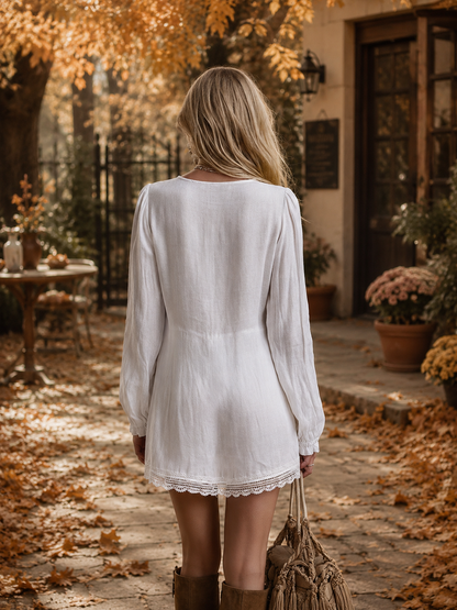 Exquisite Lace-Trimmed White Cotton-Linen Long-Sleeve Mini Dress