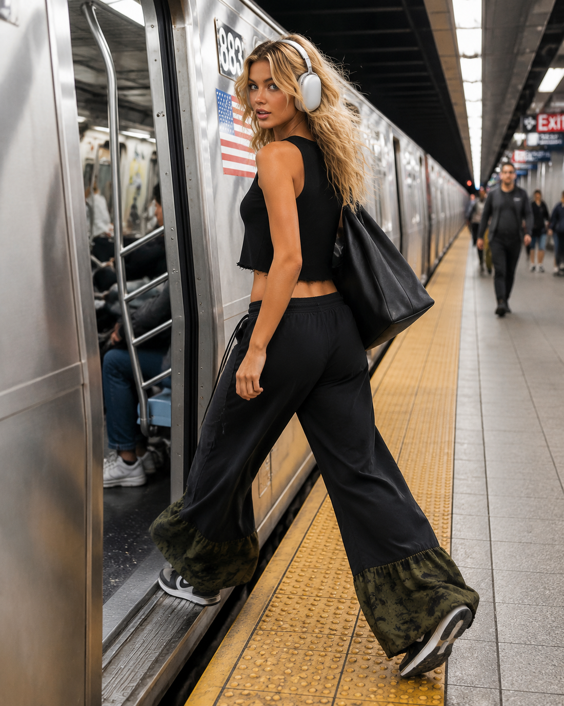 Athleisure Black Cotton Crew-neck Top And Camouflage-panel Pants Set