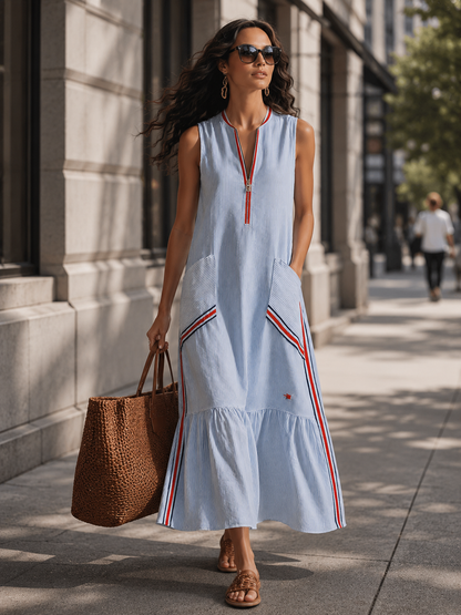 Classic Retro Fashion V-neck Front Zipper Light Blue Striped Midi Dress