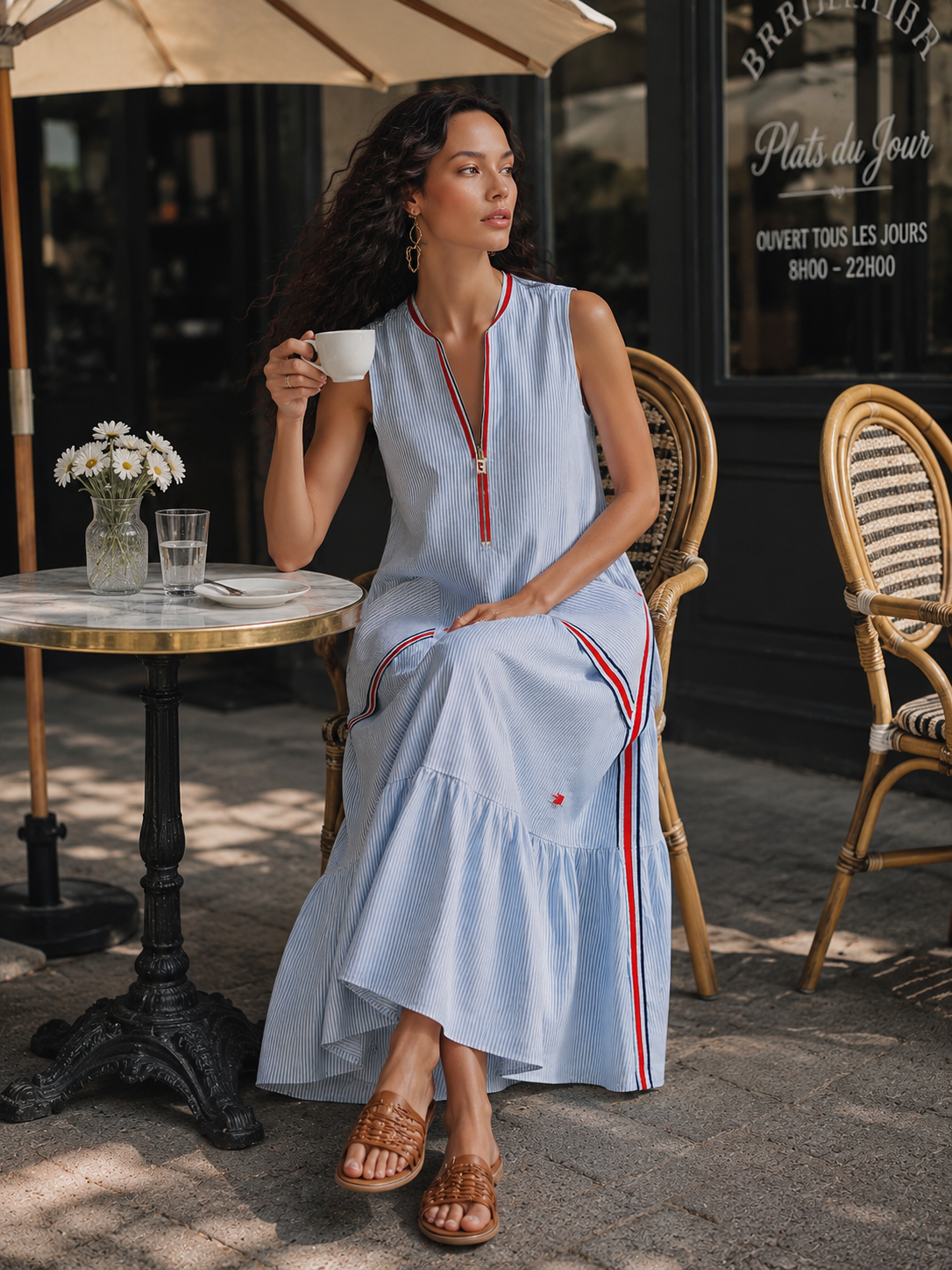 Classic Retro Fashion V-neck Front Zipper Light Blue Striped Midi Dress
