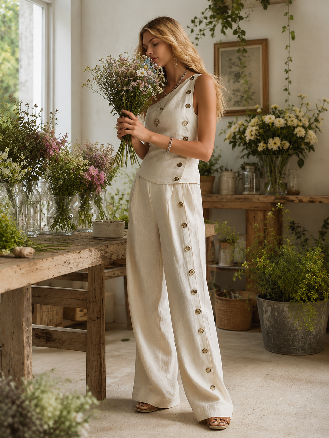 Urban Minimalist Off-White One-Shoulder Button-Detail Top &amp; Wide-Leg Linen Trousers Set
