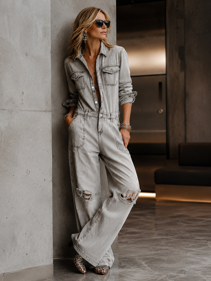 Chic And Casual Light Grey Distressed Ripped Denim Jumpsuit