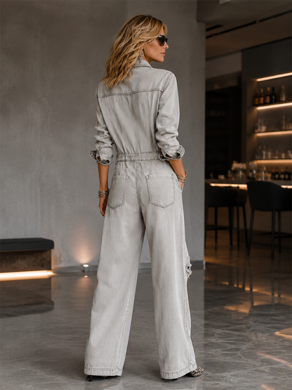 Chic And Casual Light Grey Distressed Ripped Denim Jumpsuit