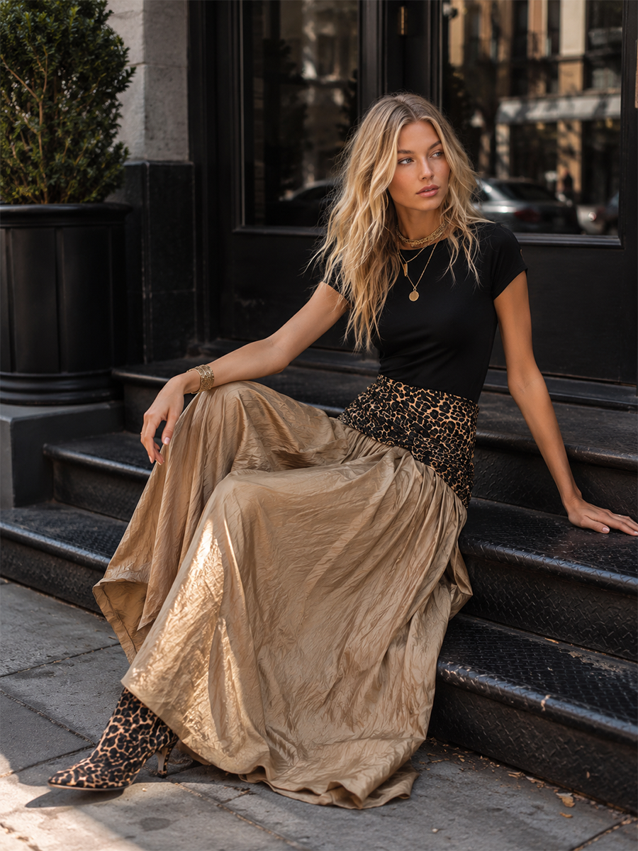 Vintage-style Elegant Leopard-print And Black Patchwork Khaki Maxi Dress