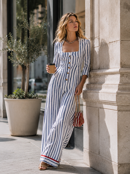 Elegant Urban Blue Striped Square-Neck Cotton-Linen Long-Sleeve Jumpsuit