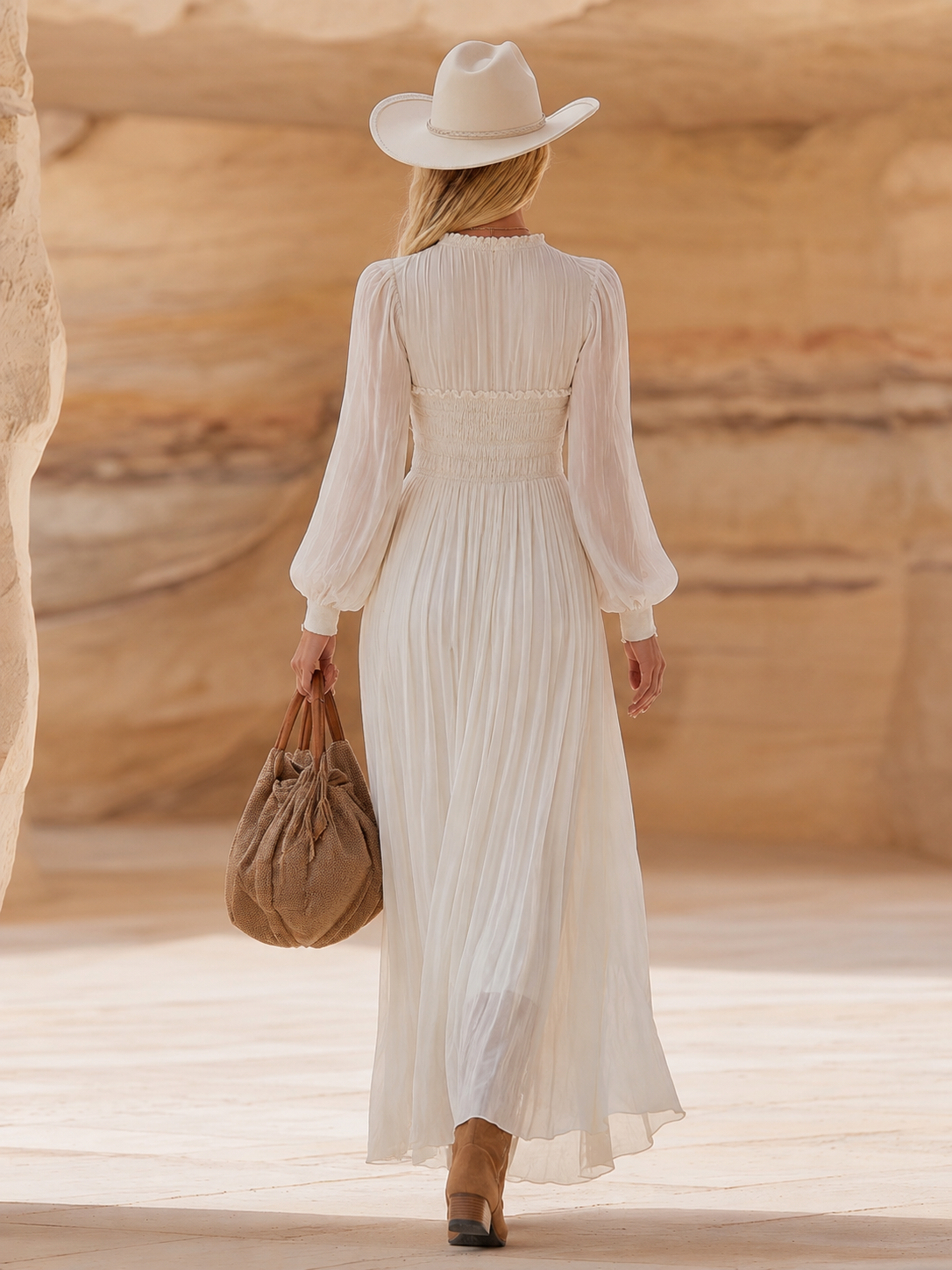 Boho Western Ivory Smocked Pleated Chiffon Maxi Dress
