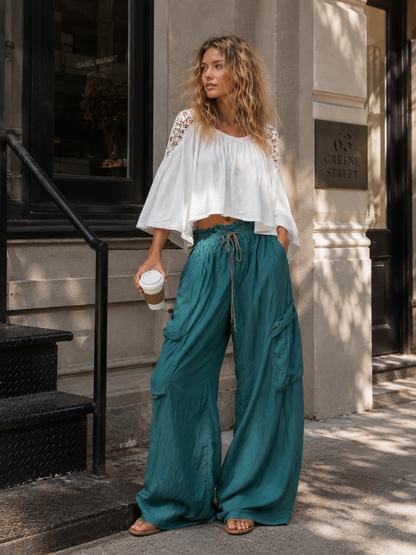 Vintage-style Boho White Shirt And Teal Utility Trousers Cotton-linen Set