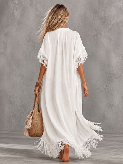 Flowy Boho V-neck With Front Zipper White Cotton-linen Tassel Maxi Dress