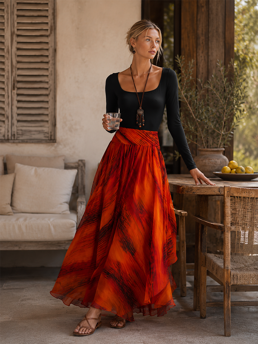 Elegant Black Stretch Cotton And Orange-red Printed Chiffon Patchwork Maxi Dress