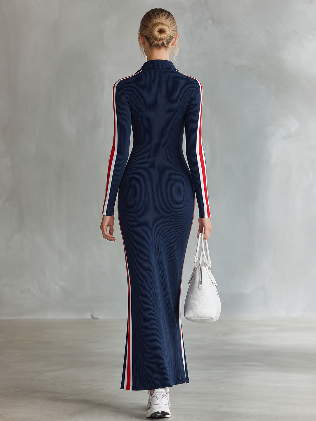 Retro Sporty Navy Striped Polo Half-Button Long-Sleeve Knit Maxi Dress