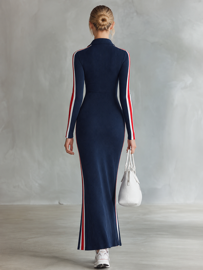 Retro Sporty Navy Striped Polo Half-Button Long-Sleeve Knit Maxi Dress