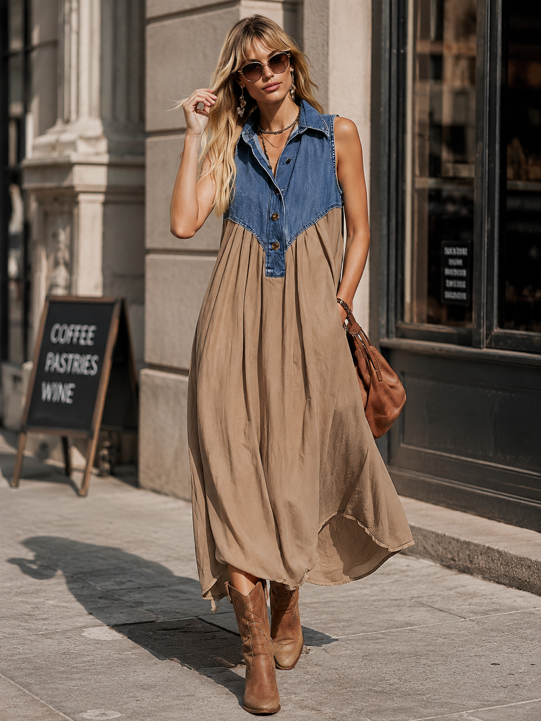Elegant Urban Blue Denim Patchwork Khaki Cotton Maxi Dress