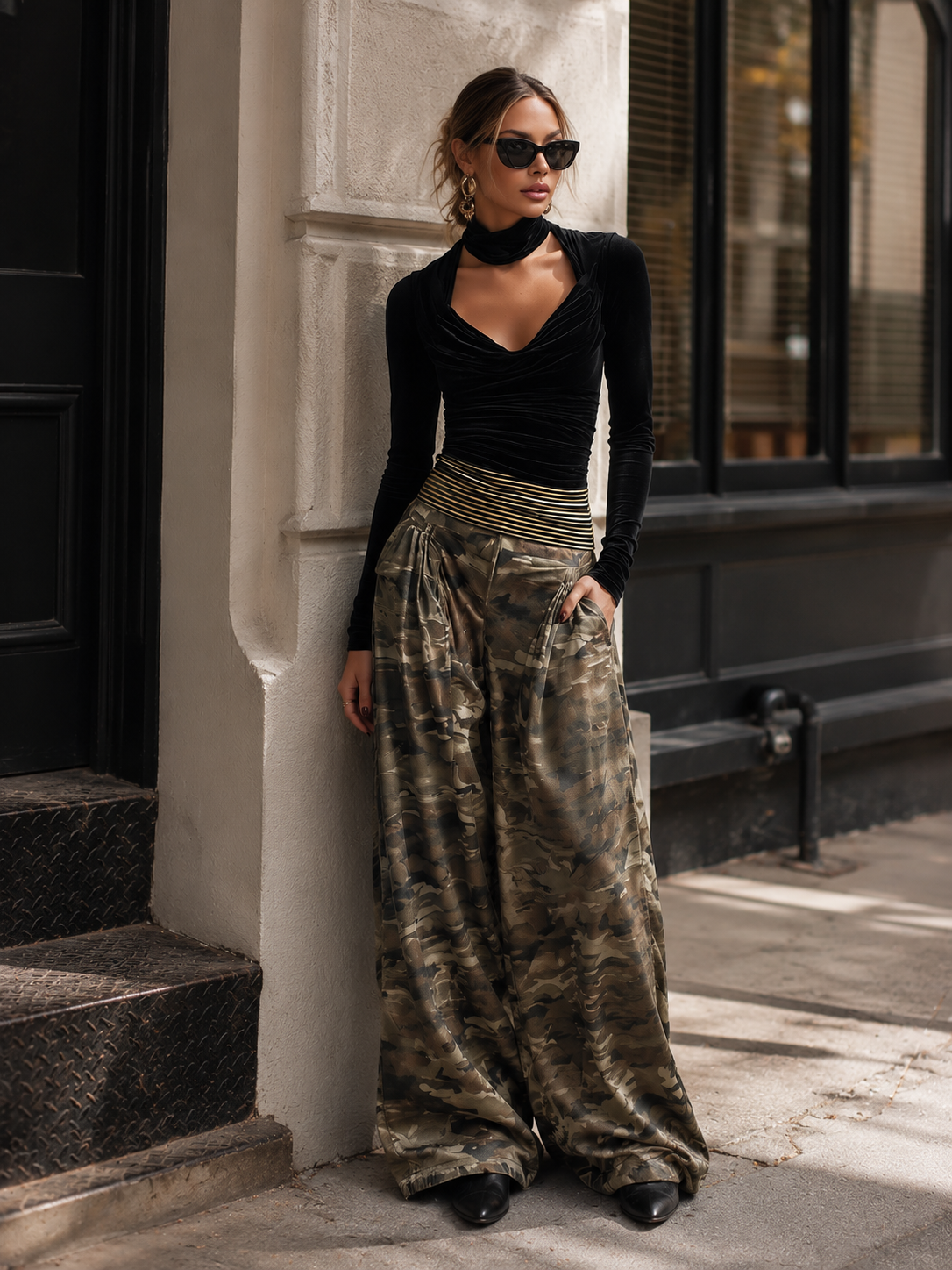 Chic Everyday Black Top And Camouflage Wide-leg Velvet Set