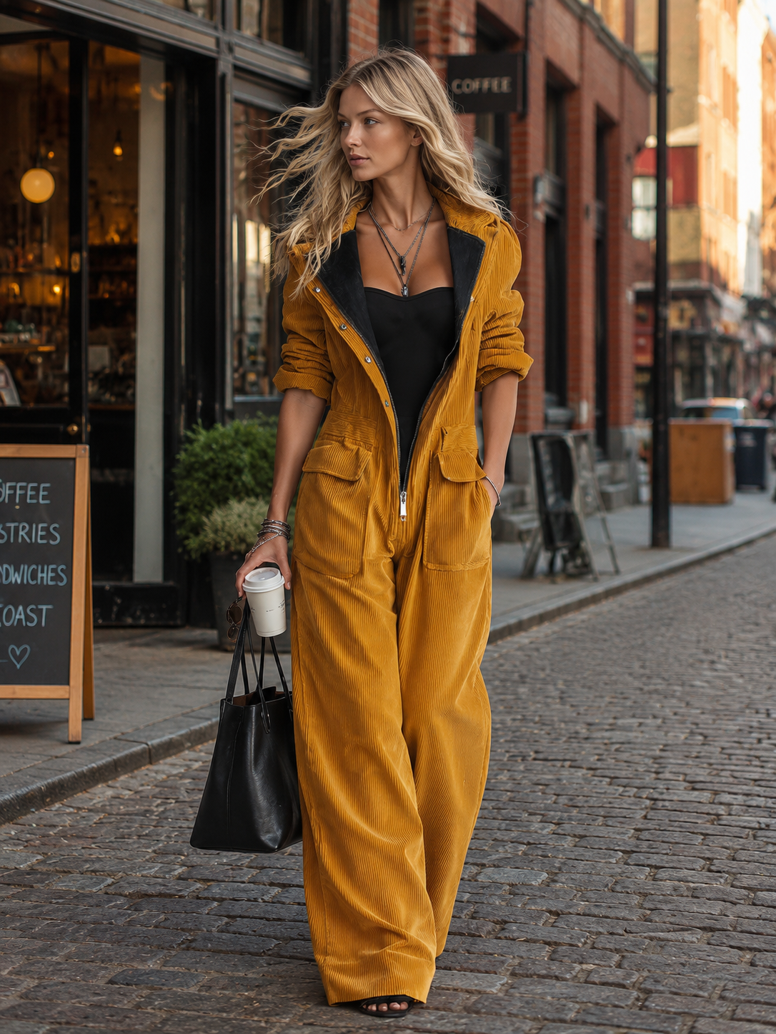 Retro Mustard Corduroy Hooded Zip-Front Wide-Leg Utility Jumpsuit With Pockets